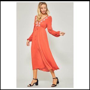 NWT RUST ORANGE LONG SLEEVE BOHO MAXI DRESS